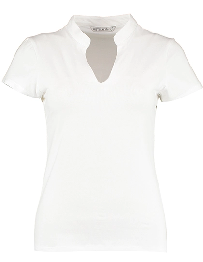 Regular Fit Corporate Top V Neck Mandarin Collar zum Besticken und Bedrucken in der Farbe White mit Ihren Logo, Schriftzug oder Motiv.