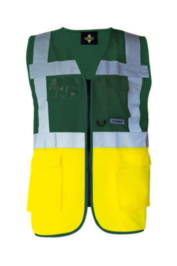 Executive Safety Vest Berlin zum Besticken und Bedrucken in der Farbe Paramedic Green-Signal Yellow mit Ihren Logo, Schriftzug oder Motiv.