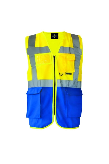 Executive Safety Vest Berlin zum Besticken und Bedrucken in der Farbe Signal Yellow-Blue mit Ihren Logo, Schriftzug oder Motiv.