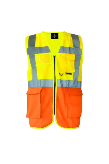 Executive Safety Vest Berlin zum Besticken und Bedrucken in der Farbe Signal Yellow-Signal Orange mit Ihren Logo, Schriftzug oder Motiv.