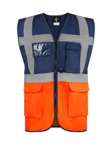 Comfort Executive Multifunctional Safety Vest Hamburg zum Besticken und Bedrucken in der Farbe Navy-Orange mit Ihren Logo, Schriftzug oder Motiv.