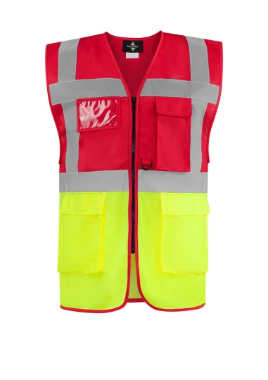 Comfort Executive Multifunctional Safety Vest Hamburg zum Besticken und Bedrucken in der Farbe Red-Yellow mit Ihren Logo, Schriftzug oder Motiv.