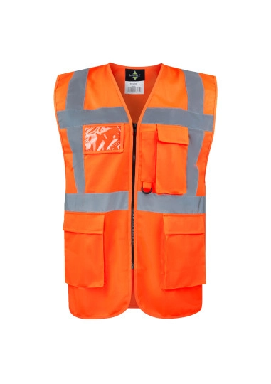 Comfort Executive Multifunctional Safety Vest Hamburg zum Besticken und Bedrucken in der Farbe Signal Orange mit Ihren Logo, Schriftzug oder Motiv.