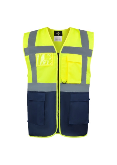 Comfort Executive Multifunctional Safety Vest Hamburg zum Besticken und Bedrucken in der Farbe Signal Yellow-Navy mit Ihren Logo, Schriftzug oder Motiv.