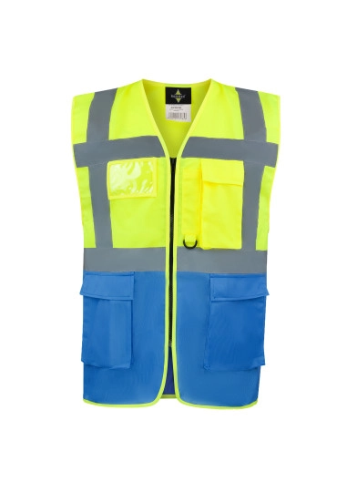 Comfort Executive Multifunctional Safety Vest Hamburg zum Besticken und Bedrucken in der Farbe Yellow-Blue mit Ihren Logo, Schriftzug oder Motiv.