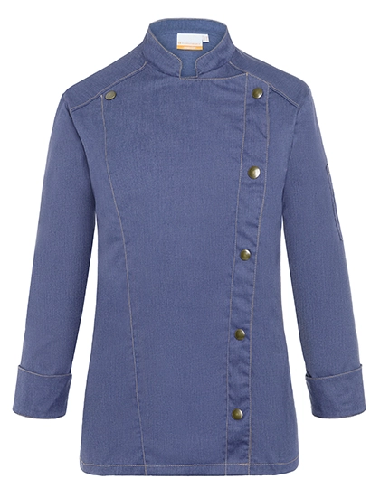 Damen Kochjacke Jeans-Style zum Besticken und Bedrucken in der Farbe Vintage Blue (ca. Pantone 2108C) mit Ihren Logo, Schriftzug oder Motiv.