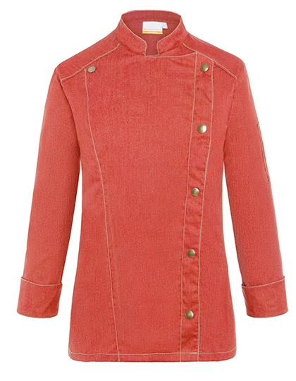 Damen Kochjacke Jeans-Style zum Besticken und Bedrucken in der Farbe Vintage Red (ca. Pantone 710C) mit Ihren Logo, Schriftzug oder Motiv.