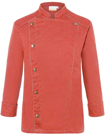 Kochjacke Jeans-Style zum Besticken und Bedrucken in der Farbe Vintage Red (ca. Pantone 710C) mit Ihren Logo, Schriftzug oder Motiv.