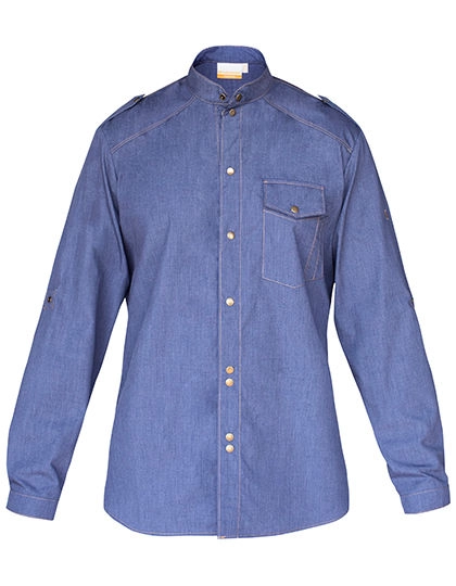 Kochhemd Jeans-Style zum Besticken und Bedrucken in der Farbe Vintage Blue (ca. Pantone 2108C) mit Ihren Logo, Schriftzug oder Motiv.