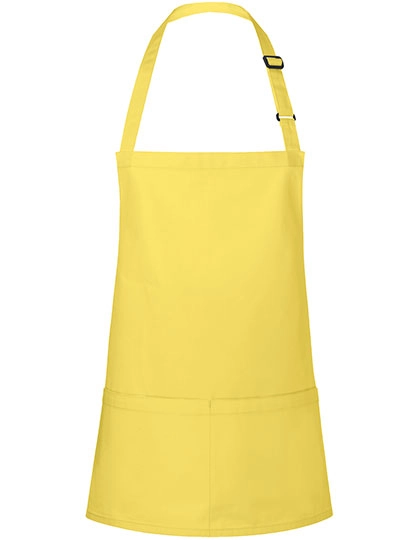 Kurze Latzschürze Basic mit Schnalle und Tasche zum Besticken und Bedrucken in der Farbe Sun Yellow (ca. Pantone 127C) mit Ihren Logo, Schriftzug oder Motiv.