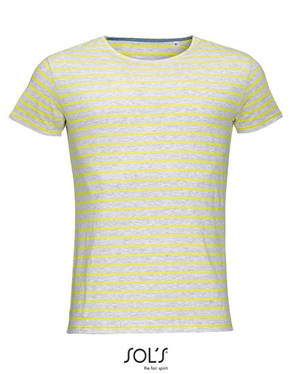 Men´s Round Neck Striped T-Shirt Miles zum Besticken und Bedrucken in der Farbe Ash (Heather)-Lemon mit Ihren Logo, Schriftzug oder Motiv.