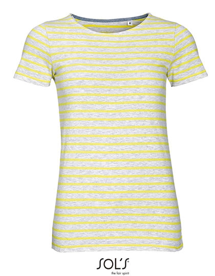 Women´s Round Neck Striped T-Shirt Miles zum Besticken und Bedrucken in der Farbe Ash (Heather)-Lemon mit Ihren Logo, Schriftzug oder Motiv.