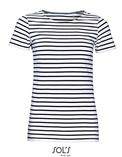 Women´s Round Neck Striped T-Shirt Miles zum Besticken und Bedrucken in der Farbe White-Navy mit Ihren Logo, Schriftzug oder Motiv.