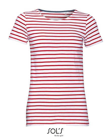 Women´s Round Neck Striped T-Shirt Miles zum Besticken und Bedrucken in der Farbe White-Red mit Ihren Logo, Schriftzug oder Motiv.