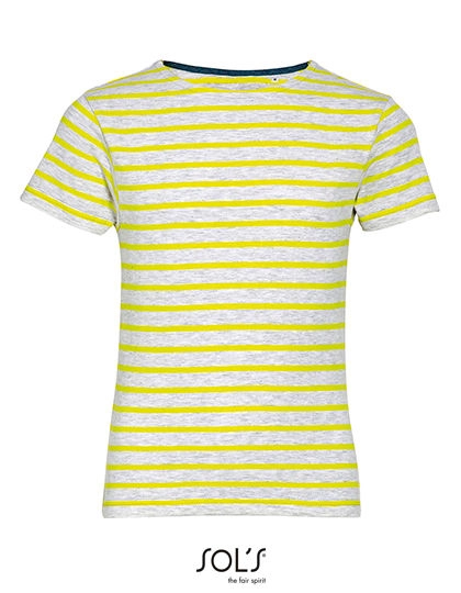 Kids´ Round Neck Striped T-Shirt Miles zum Besticken und Bedrucken in der Farbe Ash (Heather)-Lemon mit Ihren Logo, Schriftzug oder Motiv.