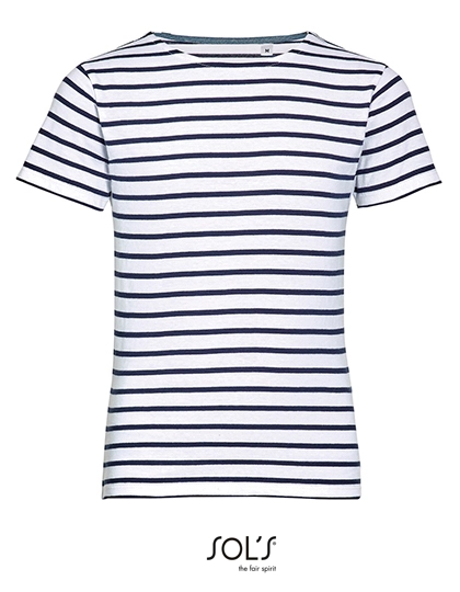 Kids´ Round Neck Striped T-Shirt Miles zum Besticken und Bedrucken in der Farbe White-Navy mit Ihren Logo, Schriftzug oder Motiv.