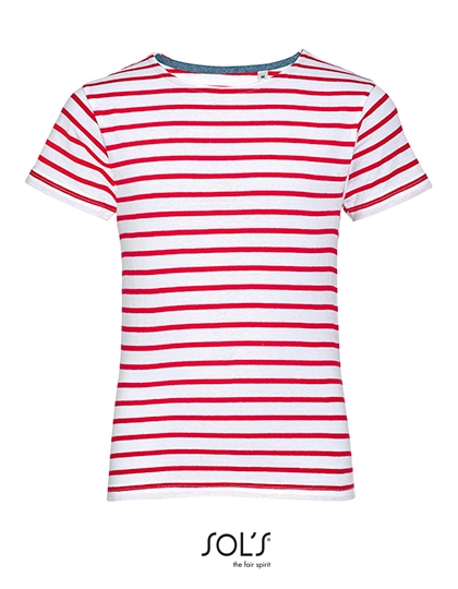 Kids´ Round Neck Striped T-Shirt Miles zum Besticken und Bedrucken in der Farbe White-Red mit Ihren Logo, Schriftzug oder Motiv.