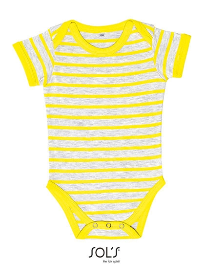 Baby Striped Bodysuit Miles zum Besticken und Bedrucken in der Farbe Ash (Heather)-Lemon mit Ihren Logo, Schriftzug oder Motiv.