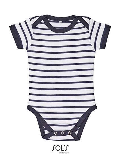 Baby Striped Bodysuit Miles zum Besticken und Bedrucken in der Farbe White-Navy mit Ihren Logo, Schriftzug oder Motiv.