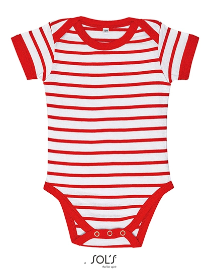 Baby Striped Bodysuit Miles zum Besticken und Bedrucken in der Farbe White-Red mit Ihren Logo, Schriftzug oder Motiv.