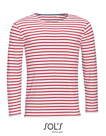Men´s Long Sleeve Striped T-Shirt Marine zum Besticken und Bedrucken in der Farbe White-Red mit Ihren Logo, Schriftzug oder Motiv.