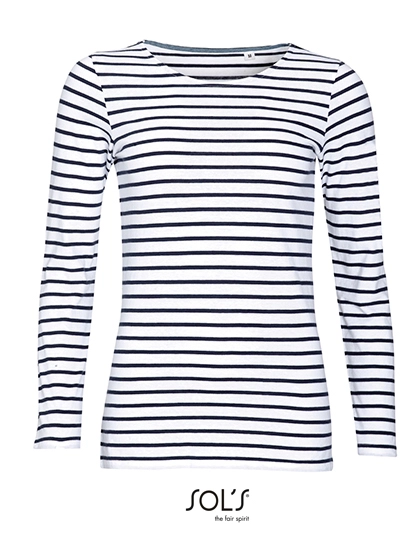 Women´s Long Sleeve Striped T-Shirt Marine zum Besticken und Bedrucken in der Farbe White-Navy mit Ihren Logo, Schriftzug oder Motiv.