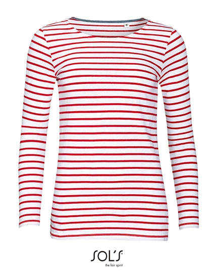 Women´s Long Sleeve Striped T-Shirt Marine zum Besticken und Bedrucken in der Farbe White-Red mit Ihren Logo, Schriftzug oder Motiv.