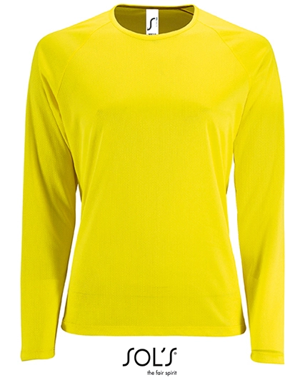 Women´s Long Sleeve Sports T-Shirt Sporty zum Besticken und Bedrucken in der Farbe Neon Yellow mit Ihren Logo, Schriftzug oder Motiv.