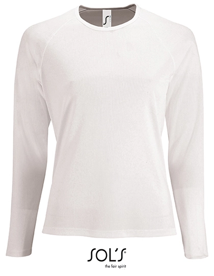 Women´s Long Sleeve Sports T-Shirt Sporty zum Besticken und Bedrucken in der Farbe White mit Ihren Logo, Schriftzug oder Motiv.