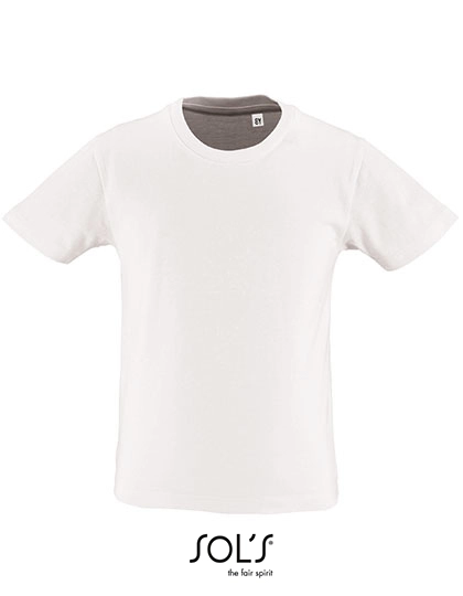 Kids´ Round Neck Short-Sleeve T-Shirt Milo zum Besticken und Bedrucken in der Farbe White mit Ihren Logo, Schriftzug oder Motiv.