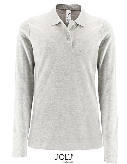 Women´s Long-Sleeve Piqué Polo Shirt Perfect zum Besticken und Bedrucken in der Farbe Ash (Heather) mit Ihren Logo, Schriftzug oder Motiv.