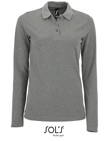 Women´s Long-Sleeve Piqué Polo Shirt Perfect zum Besticken und Bedrucken in der Farbe Grey Melange mit Ihren Logo, Schriftzug oder Motiv.
