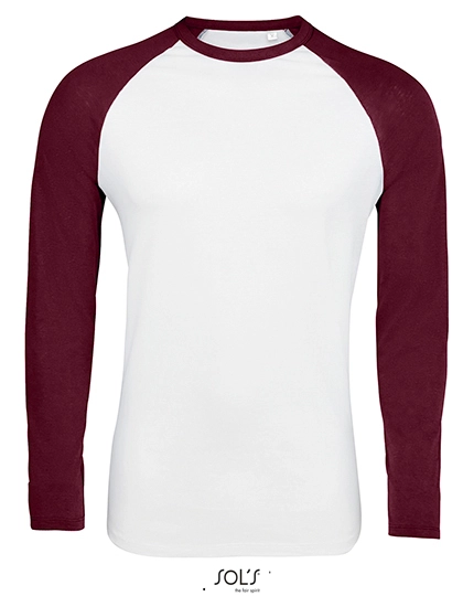Men´s Funky Long Sleeve T-Shirt zum Besticken und Bedrucken in der Farbe White-Burgundy mit Ihren Logo, Schriftzug oder Motiv.