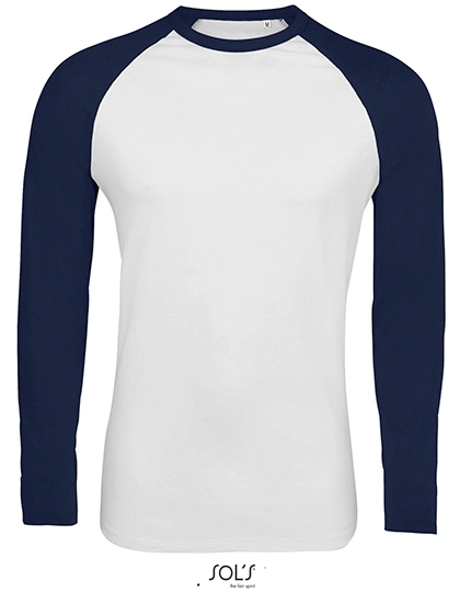 Men´s Funky Long Sleeve T-Shirt zum Besticken und Bedrucken in der Farbe White-French Navy mit Ihren Logo, Schriftzug oder Motiv.