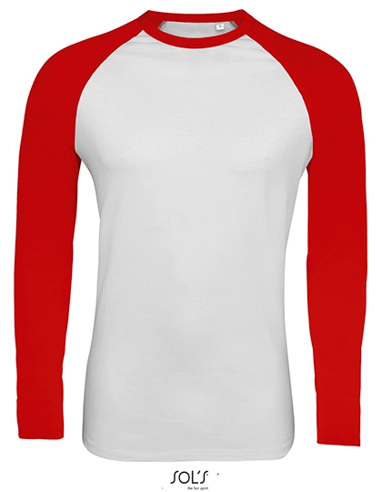 Men´s Funky Long Sleeve T-Shirt zum Besticken und Bedrucken in der Farbe White-Red mit Ihren Logo, Schriftzug oder Motiv.