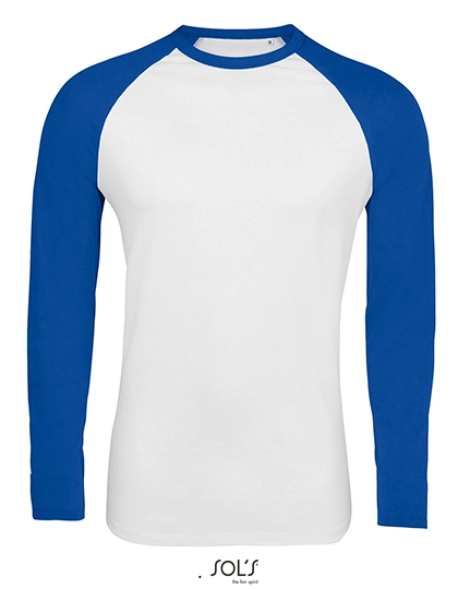 Men´s Funky Long Sleeve T-Shirt zum Besticken und Bedrucken in der Farbe White-Royal Blue mit Ihren Logo, Schriftzug oder Motiv.