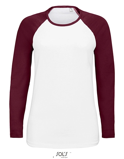 Women´s Milky Long Sleeve T-Shirt zum Besticken und Bedrucken in der Farbe White-Burgundy mit Ihren Logo, Schriftzug oder Motiv.