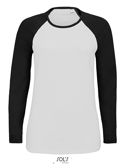 Women´s Milky Long Sleeve T-Shirt zum Besticken und Bedrucken in der Farbe White-Deep Black mit Ihren Logo, Schriftzug oder Motiv.
