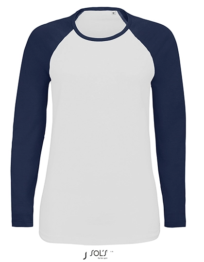 Women´s Milky Long Sleeve T-Shirt zum Besticken und Bedrucken in der Farbe White-French Navy mit Ihren Logo, Schriftzug oder Motiv.