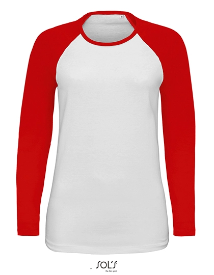 Women´s Milky Long Sleeve T-Shirt zum Besticken und Bedrucken in der Farbe White-Red mit Ihren Logo, Schriftzug oder Motiv.