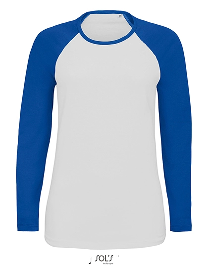 Women´s Milky Long Sleeve T-Shirt zum Besticken und Bedrucken in der Farbe White-Royal Blue mit Ihren Logo, Schriftzug oder Motiv.