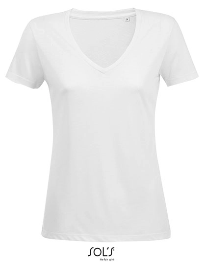 Women´s Flowy V-Neck T-Shirt Motion zum Besticken und Bedrucken in der Farbe White mit Ihren Logo, Schriftzug oder Motiv.