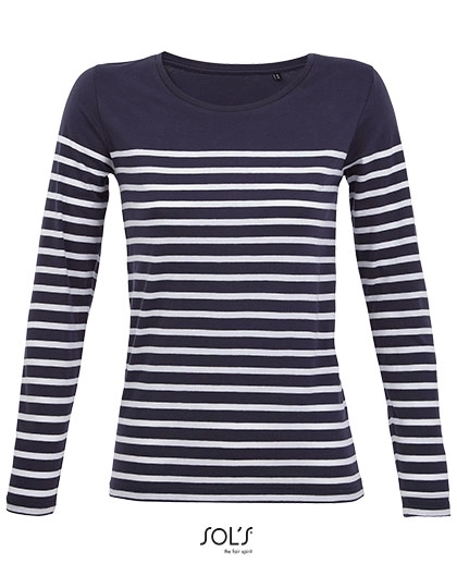 Women´s Long Sleeve Striped T-Shirt Matelot zum Besticken und Bedrucken in der Farbe French Navy-White mit Ihren Logo, Schriftzug oder Motiv.