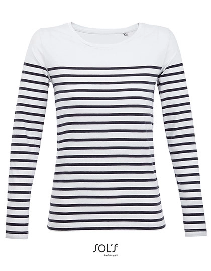Women´s Long Sleeve Striped T-Shirt Matelot zum Besticken und Bedrucken in der Farbe White-Navy mit Ihren Logo, Schriftzug oder Motiv.