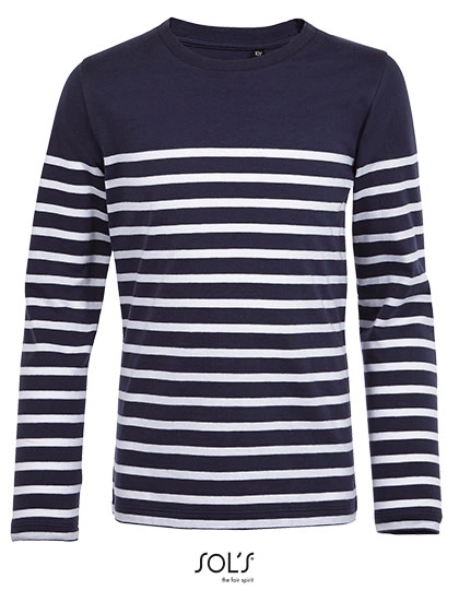 Kids´ Long Sleeve Striped T-Shirt Matelot zum Besticken und Bedrucken in der Farbe French Navy-White mit Ihren Logo, Schriftzug oder Motiv.