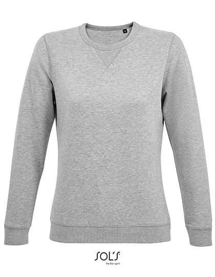 Women´s Round Neck Sweatshirt Sully zum Besticken und Bedrucken in der Farbe Heather Grey Melange mit Ihren Logo, Schriftzug oder Motiv.