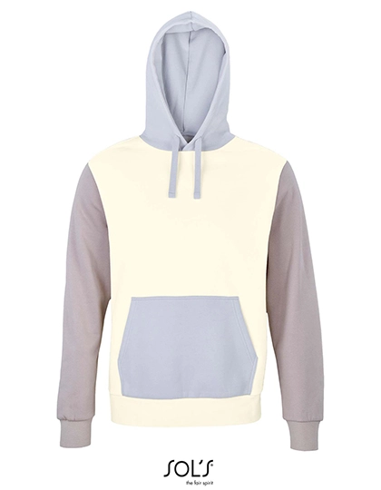 Unisex Collins Hooded Sweatshirt zum Besticken und Bedrucken in der Farbe Natural-Creamy Blue-Light Grey (Solid) mit Ihren Logo, Schriftzug oder Motiv.