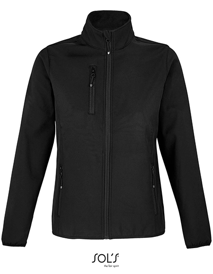 Women´s Falcon Zipped Softshell Jacket zum Besticken und Bedrucken in der Farbe Black mit Ihren Logo, Schriftzug oder Motiv.