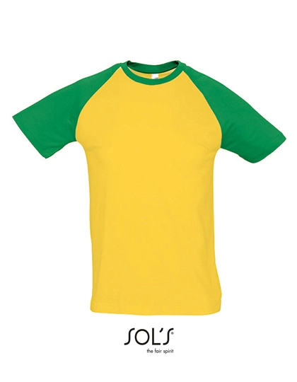 Raglan T-Shirt Funky 150 zum Besticken und Bedrucken in der Farbe Gold-Kelly Green mit Ihren Logo, Schriftzug oder Motiv.