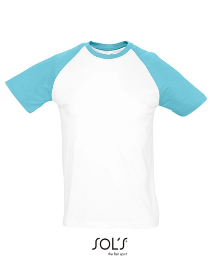 Raglan T-Shirt Funky 150 zum Besticken und Bedrucken in der Farbe White-Atoll Blue mit Ihren Logo, Schriftzug oder Motiv.